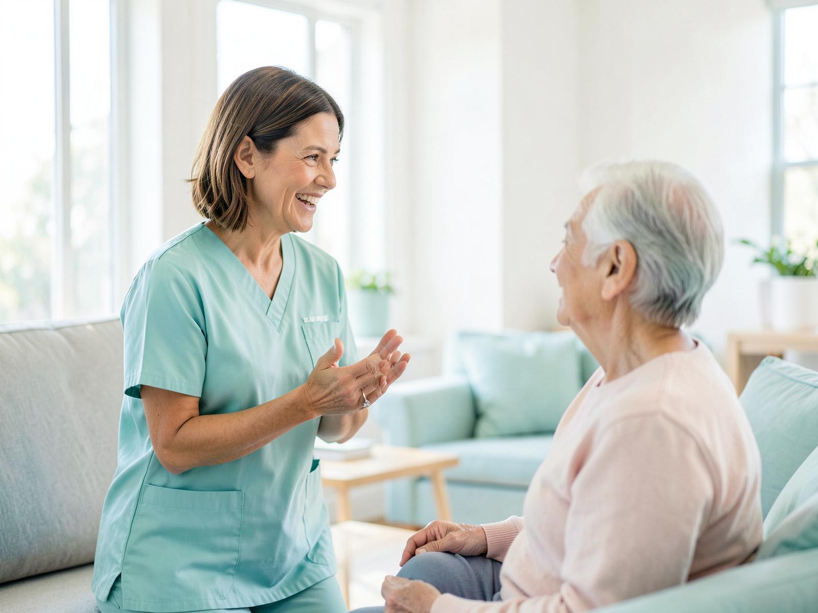 Nurse in teal scrubs talking with an older adult at home